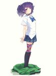  1girl absurdres ankle_boots boots breasts choker collared_shirt diagonal_bangs ear_piercing expressionless green_jacket highres idolmaster idolmaster_shiny_colors ito_(itokayu) jacket loose_neck_ribbon medium_breasts miniskirt multicolored_thighhighs neck_ribbon piercing plaid_clothes plaid_skirt purple_eyes purple_hair purple_nails ribbon school_uniform shirt short_sleeves single_thighhigh skirt solo studded_choker tanaka_mamimi thigh_strap thighhighs twintails unworn_jacket white_background 