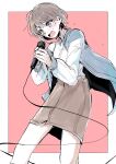  1girl bang_dream! bang_dream!_it&#039;s_mygo!!!!! blue_jacket blush border brown_skirt grey_hair highres holding holding_microphone jacket long_sleeves microphone misumi_suki music open_mouth outside_border pink_background pink_eyes shirt short_hair simple_background singing skirt solo standing sweat takamatsu_tomori tears white_border white_shirt 