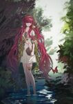  1girl absurdres bare_shoulders basket blue_eyes bottle bug butterfly capelet dress full_body green_capelet green_hairband hairband hei_lieba highres holding holding_basket long_hair looking_at_animal looking_down low_twintails official_alternate_costume outdoors plant red_butterfly red_hair reverse:1999 short_dress sleeveless sleeveless_dress solo thigh_strap twintails very_long_hair wading water white_dress yenisei_(around_the_riverbend)_(reverse:1999) yenisei_(reverse:1999) 