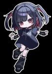  1girl absurdres black_background black_hair black_leg_warmers black_shirt bottomless chibi commentary_request cross_hair_ornament detached_sleeves full_body gradient_eyes hair_intakes hair_ornament highres leg_warmers looking_at_viewer multicolored_eyes multicolored_hair original outline oversized_clothes oversized_shirt shirt sleeves_past_wrists solo squallea standing standing_on_one_leg streaked_hair white_outline 