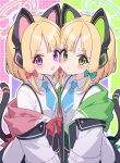  2girls :&lt; absurdres animal_ear_headphones animal_ears aqua_necktie back_bow black_jacket black_shorts black_skirt black_tail blonde_hair blue_archive blunt_bangs blush bow cat_ear_headphones cat_ears cat_tail cheek-to-cheek closed_mouth collared_shirt commentary cowboy_shot dot_nose dress_shirt fake_animal_ears fake_tail frilled_skirt frills green_background green_bow green_eyes green_halo green_jacket halo headphones heads_together highres hood hood_down hooded_jacket jacket long_sleeves looking_at_viewer low-tied_sidelocks medium_hair midori_(blue_archive) momoi_(blue_archive) multicolored_jacket multiple_girls necktie odorukaminoke off_shoulder open_clothes open_jacket open_mouth outline parted_bangs pink_background pink_halo pink_jacket purple_background purple_eyes red_bow school_uniform shirt short_necktie short_shorts shorts siblings sidelocks sisters skirt split_mouth suspender_shorts suspender_skirt suspenders tail tail_raised twins white_jacket white_outline white_shirt 