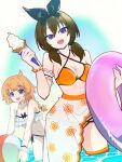  2girls :d ahoge aqua_background arm_garter assault_lily ball bare_arms bare_shoulders beachball bead_bracelet beads bikini black_bow blue_background blue_eyes bow bow_bikini bracelet braid braided_ponytail breasts brown_hair character-themed_food cleavage collarbone cowboy_shot criss-cross_halter digamma dutch_angle floral_print food frilled_bikini frilled_wrist_cuffs frills futagawa_fumi gradient_background green_hair groin hair_bow halterneck hands_up hashtag-only_commentary highres holding holding_ball holding_beachball holding_food holding_ice_cream holding_ice_cream_cone holding_swim_ring ice_cream ice_cream_cone jewelry looking_at_viewer low_twintails medium_breasts multi-strapped_bikini_bottom multiple_girls navel official_alternate_costume open_mouth orange_bikini outstretched_arms print_sarong purple_eyes sarong see-through_clothes see-through_sarong side-tie_bikini_bottom single_braid smile standing stomach swim_ring swimsuit teeth thigh_strap twintails upper_teeth_only wading water white_background white_bikini white_sarong wrist_cuffs yamanashi_hibari 
