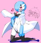  1boy 1girl alternate_color black_panties black_thighhighs blue_hair blue_skin blush bob_cut breasts colored_skin commission dr._voir_(nanosheep) gardevoir glasses hand_on_own_hip heart kakihou lab_coat multicolored_skin nanosheep_(character) navel panties panty_pull pink_background pink_eyes pokemon pokemon_(creature) semi-rimless_eyewear shiny_pokemon simple_background thighhighs two-tone_skin underwear white_skin 