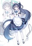  1girl absurdly_long_hair absurdres antenna_hair apron aqua_eyes aqua_ribbon aris_(blue_archive) aris_(maid)_(blue_archive) back_bow bainiaohuan black_dress black_hair black_shoes black_wrist_cuffs blue_archive bow chinese_commentary closed_mouth collared_dress commentary_request contrast_collar dress eyes_visible_through_hair floating_hair frilled_apron frilled_dress frills full_body green_halo halo highres holding holding_own_hair id_card light_smile long_hair long_sidelocks looking_at_viewer maid maid_apron making-of_available mary_janes neck_ribbon number_print official_alternate_costume official_alternate_hairstyle pantyhose parted_bangs ponytail puffy_short_sleeves puffy_sleeves rectangular_halo ribbon shoes short_sleeves sidelocks simple_background solo standing very_long_hair white_apron white_background white_bow white_pantyhose wrist_cuffs zoom_layer 