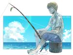  1boy adam&#039;s_apple black_eyes blonde_hair blue_sandals blue_shorts blue_sky border buttons closed_mouth cloud collarbone comiket_98 commentary_request contrail cumulonimbus_cloud dappled_sunlight day expressionless fishing fishing_line fishing_rod full_body hands_on_own_knees horizon kamihitoe lapels leaf leaf_print leg_hair lens_flare light_particles light_rays looking_to_the_side male_focus mob_psycho_100 notched_lapels ocean outside_border print_shirt reigen_arataka sandals shirt short_hair short_sleeves shorts sitting sitting_on_log sky solo stick sunbeam sunlight toes twitter_username untucked_shirt water white_border white_shirt 