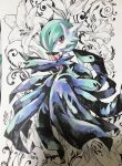  alternate_color bad_id bad_twitter_id black_dress black_gloves blue_hair colored_skin dress elbow_gloves floral_background gardevoir gloves hair_over_one_eye highres izumi_asuka mega_gardevoir mega_pokemon photo_(medium) pink_eyes pokemon pokemon_(creature) shiny_pokemon traditional_media white_skin 