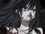  1girl akai_ringo_(eveyuno) black_background black_hair blood blood_on_face empty_eyes highres long_hair looking_up nosebleed original shirt white_shirt 