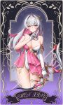  1girl absurdres asymmetrical_gloves bare_shoulders blush bow_(weapon) breasts chinese_commentary cleavage closed_mouth collarbone colored_inner_hair commentary_request cowboy_shot dress elbow_gloves gloves grey_hair hair_between_eyes hair_intakes hair_ornament highres holding holding_bow_(weapon) holding_weapon jewelry ji_chenxing kai_si_(hscn5578) large_breasts leotard long_hair looking_at_viewer magical_girl multicolored_hair official_alternate_costume pink_dress pink_hair purple_eyes revealing_clothes sidelocks single_elbow_glove smile snowbreak:_containment_zone solo standing strapless strapless_dress strapless_leotard thighlet two-tone_hair weapon white_gloves white_leotard 