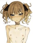  1boy :/ black_choker black_ribbon blue_eyes blunt_bangs blush breasts choker collarbone collarbone_piercing commentary english_commentary hair_ornament hair_ribbon hairclip highres looking_at_viewer male_focus male_with_breasts mole mole_under_eye nabi_(xcider) nipples nose_blush nude original ribbon short_hair simple_background small_breasts solo straight-on trap twintails upper_body white_background xcider 