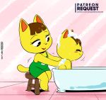 animal_crossing anthro bathtub bubble daughter domestic_cat duo felid feline felis female furniture hi_res joaoppereiraus kaitlin_(animal_crossing) katie_(animal_crossing) mammal mother mother_and_child mother_and_daughter nintendo parent parent_and_child simple_background smile soap stool video_games 