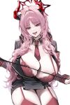 1girl absurdres black_jacket black_skirt blue_archive bra breasts cleavage demon_girl demon_horns detached_collar fangs highres horns jacket large_breasts long_hair looking_at_viewer miniskirt mole mole_on_breast necktie parted_bangs pink_hair raki_kr red_bra red_garter_straps red_necktie red_thighhighs saliva satsuki_(blue_archive) sidelocks skirt solo sweat thighhighs tongue tongue_out underwear 