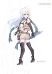  1girl absurdres artist_name bare_shoulders belt_pouch boots character_name crop_top cropped_jacket dated detached_sleeves dual_wielding eiyuu_densetsu english_text fie_claussell floating_hair floating_scarf full_body green_eyes gunblade hair_between_eyes hajimari_no_kiseki high_heel_boots high_heels highres holding holding_weapon long_hair looking_at_viewer n100924 parted_bangs pouch scarf sen_no_kiseki_(series) sen_no_kiseki_iv shorts sidelocks simple_background solo weapon white_background white_hair 