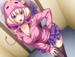  1girl :3 azarin_(kouyoku_senki_exs-tia) black_thighhighs blonde_hair blue_skirt blunt_bangs breasts choker cleavage collarbone dutch_angle fitting_room frilled_skirt frills game_cg hand_on_own_hip hand_on_own_thigh hood hood_up hooded_jacket hooded_sweater hoodie indoors inoino jacket kouyoku_senki_exs-tia large_breasts layered_skirt leaning_forward long_hair long_sleeves looking_at_viewer miniskirt mirror multicolored_hair non-web_source official_art open_mouth pink_hair pink_jacket pleated_skirt purple_skirt reflection shiny_clothes shiny_skin skirt solo standing sweater thighhighs two-tone_hair variant_set yellow_eyes zettai_ryouiki 