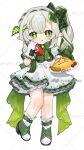  1girl :q alternate_costume apron blush bottle bow bowtie commentary_request dress food full_body gem genshin_impact gloves gotoh_(nekocat) gradient_hair green_bow green_bowtie green_dress green_eyes green_gemstone green_hair green_shoes hair_between_eyes hair_bow hair_ornament hairband hand_up holding holding_bottle holding_tray leaf_hair_ornament long_hair multicolored_hair nahida_(genshin_impact) omelet omurice pastry_bag pointy_ears shoes side_ponytail standing star-shaped_pupils star_(symbol) symbol-shaped_pupils tongue tongue_out tray watermark white_dress white_gloves white_hair white_hairband 