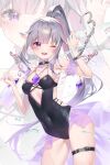  1girl :d absurdres arm_scrunchie armpits bikini black_bikini black_one-piece_swimsuit breasts buckle chest_jewel choker commentary contrapposto covered_navel cowboy_shot cuffs cutout_above_navel detached_wings english_commentary gem gradient_hair grey_hair handcuffs heart heart_o-ring highres hololive hololive_english holonatsu_paradise jewel_under_eye koseki_bijou koseki_bijou_(holonatsu_paradise) lightenbee long_hair medium_breasts multicolored_hair o-ring o-ring_choker official_alternate_costume official_alternate_hairstyle one-piece_swimsuit one_eye_closed ponytail purple_eyes purple_gemstone purple_hair purple_scrunchie purple_skirt scrunchie see-through_clothes see-through_skirt showgirl_skirt sidelocks skirt smile solo splashing swimsuit teeth thigh_strap upper_teeth_only very_long_hair white_background wings zoom_layer 