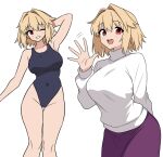  1girl 64vii :d absurdres arcueid_brunestud arm_up blue_one-piece_swimsuit blush breasts english_commentary feet_out_of_frame grin hand_up highres large_breasts long_sleeves looking_at_viewer multiple_views one-piece_swimsuit one_eye_closed open_mouth purple_skirt red_eyes short_hair simple_background skirt smile standing sweater swimsuit teeth tsukihime turtleneck upper_teeth_only waving white_background white_sweater 