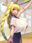  1girl :d arm_scrunchie blonde_hair blue_sailor_collar blue_skirt bouncing_breasts braid breasts ceiling feathered_wings feathers gradient_hair gradient_wings green_hair green_wings hallway head_wings highres huge_breasts light_particles motion_lines multicolored_hair multicolored_wings neckerchief neckerchief_between_breasts original pink_scrunchie pink_wings pleated_skirt red_eyes sailor_collar school school_uniform scrunchie serafuku shiny_skin skirt smile solo teeth tile_ceiling tiles twin_braids two-tone_hair two-tone_wings umigarasu_(kitsune1963) upper_teeth_only window wings wooden_floor 