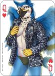  2019 5_fingers abs anthro avian beak bird black_beak black_body black_feathers black_fur blue_body blue_feathers blue_fur blue_jay breasts bulge camo card card_template clothing copyright_symbol corvid digicamo digital_camo digital_camouflage digital_media_(artwork) english_text feathered_wings feathers female fingers fonyaa forearms fur green_clothing green_panties green_underwear grey_eyes gryphon gynomorph heart_symbol hearts_(suit) hybrid intersex irene_(purpthegryphon) jacket jay_(bird) looking_at_viewer medical_instrument military mythological_avian mythological_creature mythology navel navy navy_camo new_world_jay oscine panties passerine playing_card playing_card_template queen_of_hearts_(card) scaled_forearms scales scientific_instrument shirt simple_background solo standing stethoscope symbol text topwear u.s._navy underwear uniform white_background white_body white_fur wings 