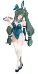  1girl absurdres animal_ears arm_strap bare_shoulders blush breasts closed_mouth collarbone covered_navel detached_collar fake_animal_ears full_body green_eyes green_hair green_leotard high_heels highleg highleg_leotard highres holding large_breasts leotard long_hair looking_at_viewer necktie playboy_bunny qingyi_(zenless_zone_zero) rabbit_ears revision simple_background solo thighhighs thighs twintails white_background white_thighhighs wrist_cuffs zenless_zone_zero zerocat 