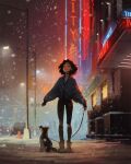  1girl 1other akita_inu black_leggings blue_jacket boots brown_hair car closed_eyes collar dog entrance full_body grin highres holding holding_leash jacket lamppost leash leggings medium_hair motor_vehicle neon_lights original outstretched_arms sam_yang shirt sidewalk smile snow snowing teeth tongue tongue_out traffic_cone upper_teeth_only white_boots white_shirt 