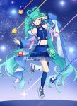  1girl aqua_hair aqua_nails asymmetrical_legwear blue_eyes blue_shoes blue_skirt blue_thighhighs braid breasts crop_top earrings hair_ornament hatsune_miku heart heart_earrings highres jacket jewelry leg_warmers long_hair long_sleeves looking_at_viewer magical_mirai_(vocaloid) magical_mirai_miku magical_mirai_miku_(2025) medium_breasts monitaros_393 nail_polish navel official_alternate_costume official_alternate_hairstyle open_clothes open_jacket parted_lips shoes skirt sky smile solo star_(sky) starry_sky stomach teeth thighhighs toenail_polish toenails twin_braids twintails very_long_hair vocaloid white_leg_warmers 
