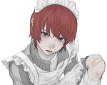  1boy aegyo_sal apron bandaid bandaid_on_leg eyes_visible_through_hair frilled_apron frills grey_eyes grey_jacket grey_pants hair_over_eyes jacket looking_at_viewer maid_apron maid_headdress male_focus original pants parted_lips red_hair shirt short_hair simple_background slit_pupils socks solo track_jacket upper_body uyumint white_apron white_background white_shirt white_socks 