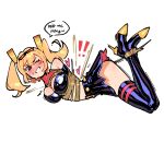  1girl absurdres bare_shoulders black_boots black_skirt black_tube_top blonde_hair blush boots breasts burnice_white commentary english_commentary english_text full_body high_heel_boots high_heels highres kaatokun large_breasts long_hair one_eye_closed restrained shibari simple_background skirt speech_bubble strapless thigh_boots tube_top twintails white_background zenless_zone_zero 