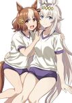  2girls animal_ears belno_light_(umamusume) blue_buruma blue_eyes brown_hair buruma ear_ornament ear_ribbon feet_out_of_frame grey_hair grey_tail gym_shirt gym_uniform hair_between_eyes hair_ornament horse_ears horse_girl horse_tail letter_hair_ornament long_hair looking_at_viewer multicolored_hair multiple_girls oguri_cap_(umamusume) ponzu_rui shirt short_hair simple_background sitting smile t-shirt tail umamusume umamusume:_cinderella_gray white_background white_shirt 
