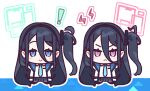  ! 2girls :&lt; absurdly_long_hair aqua_halo aris_(blue_archive) black_hair black_hairband black_skirt blue_archive blue_eyes blue_necktie chibi chibi_only commentary_request full_body hairband halo jacket kei_(blue_archive) long_hair looking_at_viewer multiple_girls necktie one_side_up pleated_skirt red_eyes red_halo shirt skirt v-shaped_eyebrows very_long_hair white_background white_jacket white_shirt yoru_nai 