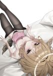  1girl angel bare_shoulders black_panties black_pantyhose blonde_hair breasts cleavage collarbone fallen_angel green_eyes halo highres leg_up long_hair lying mansu_(user_pnmp4287) on_back original panties pantyhose pink_shirt shirt small_breasts solo underwear 