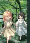  2girls :d ^_^ alternate_costume black_hair black_shoes breasts casual cerise_bouquet closed_eyes collared_shirt commentary_request cover cover_page doujin_cover dress flower flower_knot full_body green_eyes green_ribbon grey_sweater hair_flower hair_ornament hanazora_satsuki highres hinoshita_kaho holding_hands large_breasts link!_like!_love_live! long_sleeves looking_at_another love_live! mary_janes medium_dress momose_ginko multiple_girls neck_ribbon nervous_smile open_mouth orange_hair outdoors photo_background pinafore_dress pulling rabbit_hair_ornament raised_inner_eyebrows ribbed_sweater ribbon second-party_source shirt shoes sleeveless sleeveless_dress smile socks sweater translation_request two_side_up virtual_youtuber walking white_flower white_shirt white_socks yellow_dress 