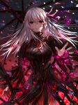  1girl absurdres black_dress breasts bug butterfly commentary_request corruption croci dark_sakura dress fate/stay_night fate_(series) gradient_background hair_ribbon heaven&#039;s_feel highres large_breasts light_particles long_hair looking_at_viewer matou_sakura mixed-language_commentary red_background red_butterfly red_eyes red_ribbon ribbon solo white_hair 