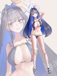  1girl :d absurdres alternate_costume alternate_hairstyle arm_up armpits bikini bilingual_commentary blue_bikini blue_eyes blue_hair blue_nails breasts cleavage closed_mouth colored_inner_hair commentary earrings english_commentary fanged_bangs fueppu full_body grin hair_intakes halo highres hololive hololive_english jewelry large_breasts long_hair looking_at_viewer mixed-language_commentary multicolored_hair nail_polish navel ouro_kronii sandals sidelocks smile stomach string_bikini swimsuit toenail_polish toenails very_long_hair virtual_youtuber zoom_layer 