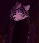 abstract_background absurd_res android anthro bust_portrait button_(fastener) canid canine clothing cumcadaver frown hair hi_res jacket leaf looking_at_viewer machine male mammal pink_background portrait raccoon_dog robot sad short_hair simple_background solo sweater tanuki topwear turtleneck