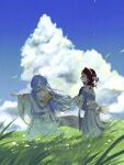  2girls 37_(reverse:1999) :d ^_^ absurdres ancient_greek_clothes armlet blue_hair blue_sky closed_eyes cloud day falling_leaves full_body gloves gold_choker grass greco-roman_clothes green_eyes hair_between_eyes hairband highres holding_hands jewelry leaf long_hair looking_at_another multiple_girls open_mouth outdoors red_hair reverse:1999 single_glove sky smile sophia_(reverse:1999) tn_kn1000 toga very_long_hair walking watermark white_hairband 