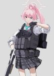  1girl absurdres ahoge beretta_1301 beretta_92 black_gloves blue_archive blue_eyes blue_necktie body_armor bulletproof_vest closed_mouth collared_shirt commentary_request dot_nose gloves grey_background grey_skirt gun halo handgun heterochromia high_ponytail highres holding holding_gun holding_weapon holster hoshino_(armed)_(blue_archive) hoshino_(blue_archive) long_hair looking_at_viewer n.e. necktie pink_hair pink_halo plaid_clothes plaid_skirt pleated_skirt ponytail pouch school_uniform shirt shotgun sketch skirt solo standing tactical_clothes weapon white_shirt yellow_eyes 