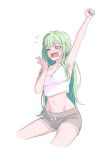  1girl absurdres arm_up armpits bare_arms bare_shoulders breasts camisole collarbone crop_top crop_top_overhang cropped_legs drawstring green_hair grey_shorts hand_up highres long_hair looking_ahead medium_breasts midriff navel one_eye_closed open_mouth purple_eyes shirt short_shorts shorts shuturmouth_64 simple_background sleeveless sleeveless_shirt solo stellive stomach strap_slip tearing_up thighs very_long_hair virtual_youtuber waking_up white_background white_shirt yuzuha_riko 