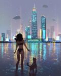  1girl 1other aircraft bikini blurry brown_hair building city_lights contrapposto depth_of_field dirigible dog from_behind highres light_particles medium_hair night nude original reflection reflective_water sam_yang skyscraper swimsuit toned toned_female wading 