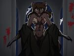 angry anthro bandage blood blood_on_bandage blood_on_weapon bodily_fluids breasts brown_body brown_eyes brown_fur brown_hair brown_nose canid canine canis chest_tuft clothed clothing dual_wielding electricity fangs female fur growling hair heterochromia hi_res holding_object holding_weapon inside killing knife lightning looking_at_viewer mammal natani nude nude_female open_mouth partially_clothed raining robe setriaphtfj solo teeth torn_clothing tuft twokinds water weapon white_eyes window wolf