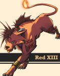  1boy animal_ears animal_nose bangle bl4ck_choco bracelet character_name claws collar commentary_request earrings facial_mark feather_hair_ornament feathers fiery_tail final_fantasy final_fantasy_vii final_fantasy_vii_remake hair_ornament highres jewelry leg_markings looking_at_viewer mane red_fur red_hair red_xiii roman_numeral tail 