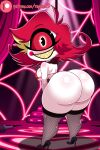  big_butt biped bottomless breasts butt clothed clothing cyclops eyelashes female fishnet_clothing fishnet_legwear hair hazbin_hotel hellaverse hi_res huge_butt humanoid legwear looking_at_viewer looking_back niffty_(hazbin_hotel) not_furry pupils raydonxd red_hair sharp_teeth short_stack smile solo teeth thick_thighs thigh_highs three-quarter_view white_body 