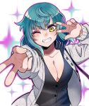  1girl aqua_hair black_shirt blush breasts cleavage commentary_request eyeshadow furuike_ruriiro grin gyaru_v highres jacket kinococcos looking_at_viewer makeup medium_breasts medium_hair one_eye_closed pink_eyeshadow shirt smile solo sparkle tribe_nine v w white_background white_jacket yellow_eyes 