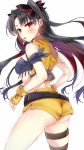 1girl ass bangs bare_shoulders belt black_belt black_hair blush breasts brown_belt commentary_request earrings eyebrows_visible_through_hair fate/grand_order fate_(series) fingerless_gloves gloves hair_ornament highres hoop_earrings ishtar_(fate/grand_order) jewelry leg_belt long_hair looking_at_viewer looking_to_the_side medium_breasts multicolored_hair open_clothes open_mouth open_vest parted_bangs red_eyes red_hair short_shorts shorts simple_background skindentation solo space_ishtar_(fate) sweat tomozero two-tone_hair two_side_up very_long_hair vest white_background yellow_gloves yellow_shorts yellow_vest 