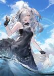  1girl absurdres ahoge arknights bare_shoulders black_choker black_dress black_gloves black_hair blue_sky choker cloud cloudy_sky commission cowboy_shot dress eyes_visible_through_hair flower gloves grey_hair hair_ornament hair_over_one_eye highres in_water long_hair looking_at_viewer multicolored_hair open_mouth partially_fingerless_gloves pointy_ears rainbow see-through_clothes see-through_dress sidelocks sky sleeveless sleeveless_dress solo tail teeth toko_yuan_zi tomimi_(arknights) torn_clothes torn_dress two-tone_hair two_side_up upper_teeth_only water white_flower yellow_eyes 