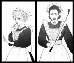  2girls applying_lipstick applying_makeup apron astarion baldur&#039;s_gate baldur&#039;s_gate_3 black_dress black_hair cazador_szarr dress dungeons_&amp;_dragons genderswap genderswap_(mtf) golf_club highres holding holding_golf_club ichijo_(cyxxx123) lipstick long_sleeves maid maid_headdress makeup multiple_girls red_eyes red_lips side_part spot_color white_background white_hair 