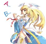  1girl arch_bishop_(ragnarok_online) blonde_hair blue_dress bound bound_wrists brown_eyes character_name commentary_request cowboy_shot cross dress expressionless feathered_wings fishnet_thighhighs fishnets frilled_thighhighs frills head_wings juliet_sleeves long_hair long_sleeves looking_at_viewer open_mouth own_hands_together panties pantyshot puffy_sleeves ragnarok_online sash simple_background solo thighhighs togawa_makoto two-tone_dress typo underwear white_background white_dress white_panties white_thighhighs white_wings wings yellow_sash 