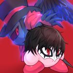  amamiya_ren amamiya_ren_(cosplay) arsene_(persona_5) arsene_(persona_5)_(cosplay) black_hair colored_skin copy_ability cosplay domino_mask hat kirby kirby_(series) mask meta_knight persona persona_5 pink_skin red_background red_eyes super_smash_bros. suta_(clusta) top_hat 