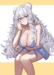  1girl arknights bikini blue_bikini blue_eyes bracelet breasts closed_mouth commentary_request heterochromia highres jewelry large_breasts long_hair looking_at_viewer red_eyes revision rosa_(arknights) smile solo solokitsune swimsuit two-tone_background very_long_hair white_background white_hair yellow_background 