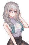  1girl absurdres blue_pupils blush braid brown_pants devl_ga_aru eyewear_on_head firefly_(honkai:_star_rail) glasses gradient_eyes gradient_hair grey_hair hair_between_eyes hair_intakes hand_in_own_hair high-waist_pants highres honkai:_star_rail honkai_(series) long_hair multicolored_eyes multicolored_hair open_mouth pants simple_background sleeveless sleeveless_turtleneck solo sweater teeth turtleneck turtleneck_sweater twin_braids white_background 