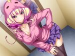  1girl :3 animal_hood azarin_(kouyoku_senki_exs-tia) black_thighhighs blonde_hair blue_skirt blunt_bangs blush breasts choker cleavage closed_mouth collarbone dutch_angle fitting_room frilled_skirt frills frown game_cg hand_on_own_hip hand_on_own_thigh hood hood_up hooded_jacket hooded_sweater hoodie horns indoors inoino jacket kouyoku_senki_exs-tia large_breasts layered_skirt leaning_forward long_hair long_sleeves looking_at_viewer miniskirt mirror multicolored_hair non-web_source official_art pink_hair pink_jacket pleated_skirt purple_skirt reflection shiny_clothes shiny_skin skirt solo standing sweater thighhighs two-tone_hair v-shaped_eyebrows variant_set yellow_eyes zettai_ryouiki 